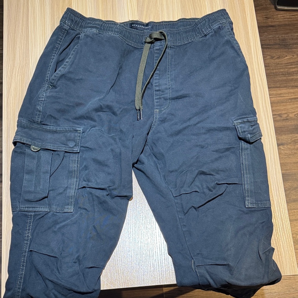 Navy blue Cargo Pants with green Drawstring